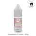 A 10ml bottle of V4 Vapour - Strawberries & Cream E-Liquid with 12mg nicotine, featuring a grey cap and a label with pink accents reading: "Strawberries & Cream - 12mg. Available at Vape Direct In Milton Keynes