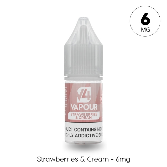 A 10ml bottle of V4 Vapour - Strawberries & Cream E-Liquid with 6mg nicotine strength, featuring a clear cap and a label stating "Strawberries & Cream - 6mg. Available at Vape Direct In Milton Keynes