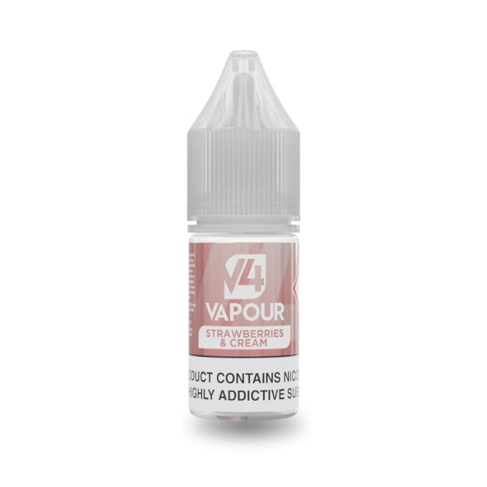 V4 Vapour - Strawberries & Cream 10ml E-Liquid comes in a compact bottle with a pink and white label, child-proof cap, and delivers the classic sweet strawberries & cream flavor. Available at Vape Direct In Milton Keynes