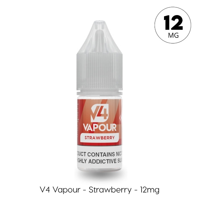 V4 Vapour - Strawberry 10ml E-Liquid by V4 Vapour contains 12mg nicotine. It comes in a bottle with a red and white label, childproof cap, and "12 MG" in a circle, ideal for Mouth To Lung vaping. Available at Vape Direct In Milton Keynes