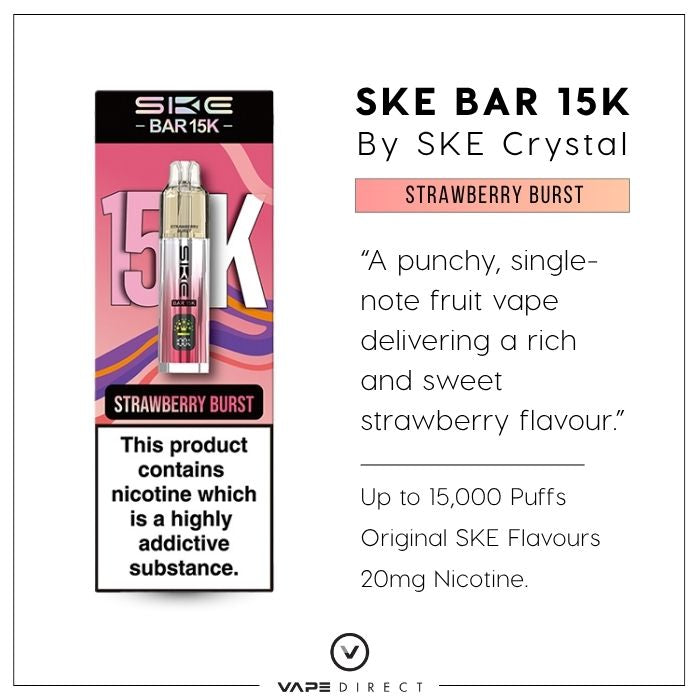 SKE Bar 15K vape in Strawberry Burst, with up to 15,000 puffs, Original SKE Flavour and 20mg nicotine. 