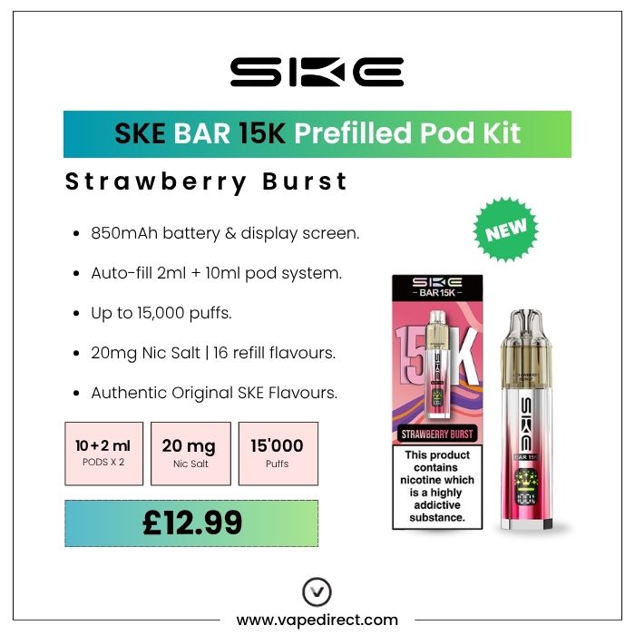 SKE BAR 15k pod kit in Strawberry Burst  flavour. 850mAh battery, 15,000 puffs, and 20mg nic salt. 