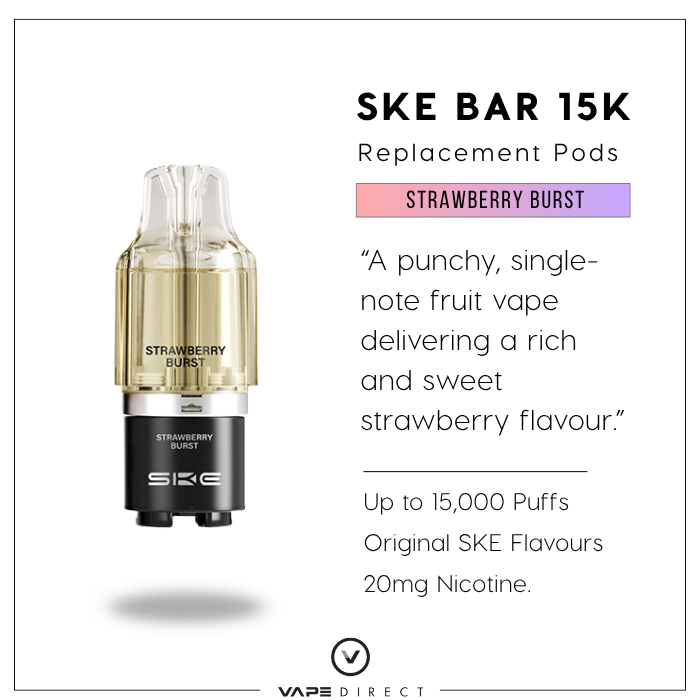 Strawberry Burst flavour description for the SKE BAR 15K replacement pods.