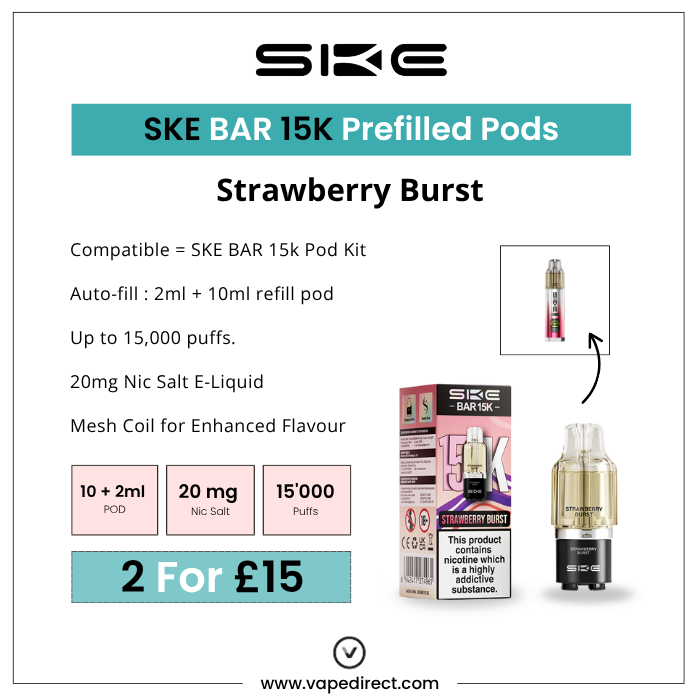 Key Features of the SKE BAR 15K Prefilled Pods in Strawberry Burst with a 10ml refill pod, 20mg Nic Salt, 15,000 puffs. 