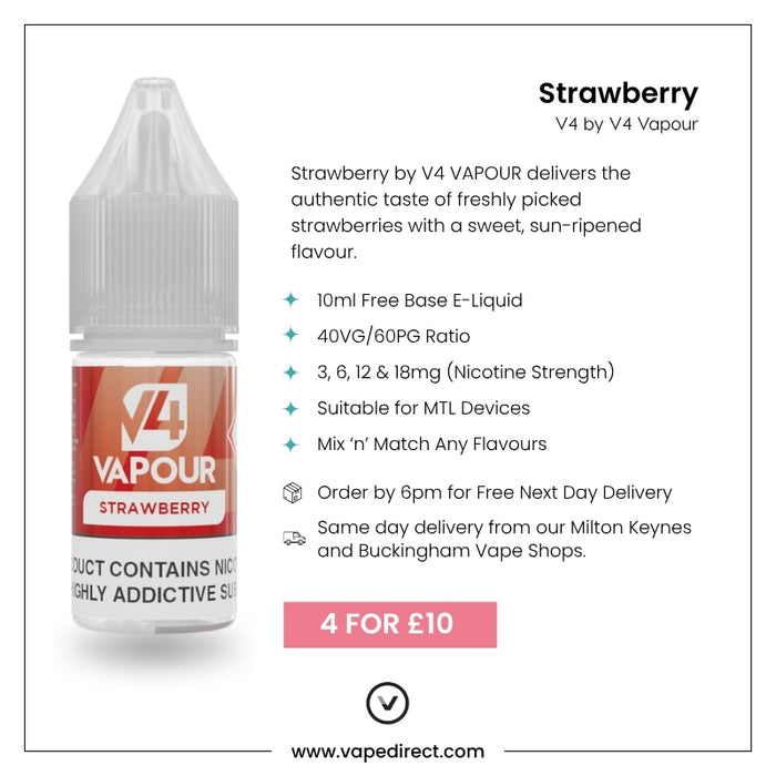 V4 Vapour - Strawberry 10ml E-Liquid offers a 40VG/60PG blend in multiple nicotine strengths, perfect for Mouth To Lung vaping. Features pink accents and left-positioned bottle. Take advantage of the 4 for £10 deal from V4 Vapour. Available at Vape Direct In Milton Keynes