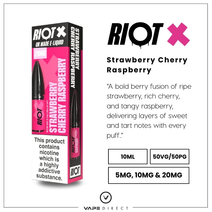 Riot X Strawberry Cherry Raspberry Nic Salt by Riot Squad flavour description and key features.