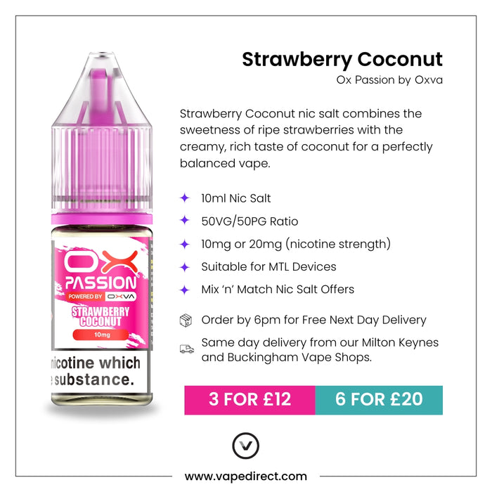 Strawberry Coconut Ox passion e-liquid with flavour description. 10ml Nic Salt, suitable for MTL devices, multi-buy offers, and details for next day delivery in milton keynes and buckingham shown.