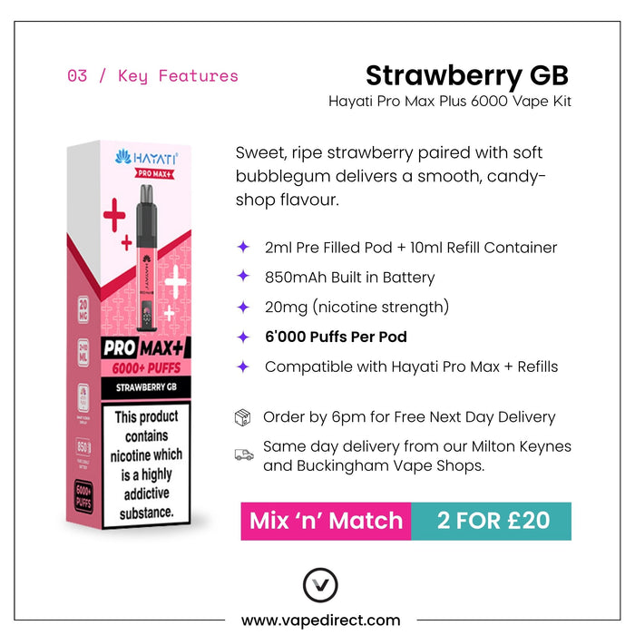 The Hayati Strawberry GB Pro Max Plus Vape Kit is presented in a vibrant pink box with an eye-catching product image, featuring 6000 puffs, a 2ml pod, 850mAh battery, and 20mg nicotine strength. Enjoy great value with the 2 for £20 offer and benefit from convenient delivery options.