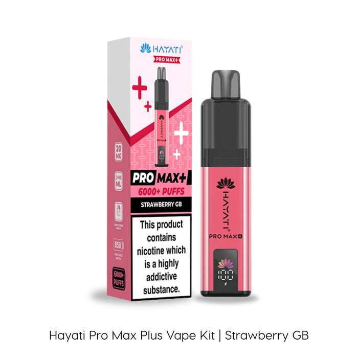 The Strawberry GB Hayati Pro Max Plus Vape Kit by Hayati is displayed alongside its pink and black packaging. Both the box and the device emphasize its impressive 6000 puffs capacity, making it a durable option for vapers.