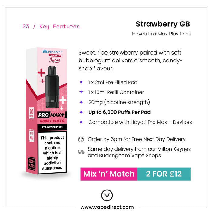 Strawberry GB Hayati Pro Max Plus pod key features, 2ml pod, 10ml refill and up to 6000 puffs
