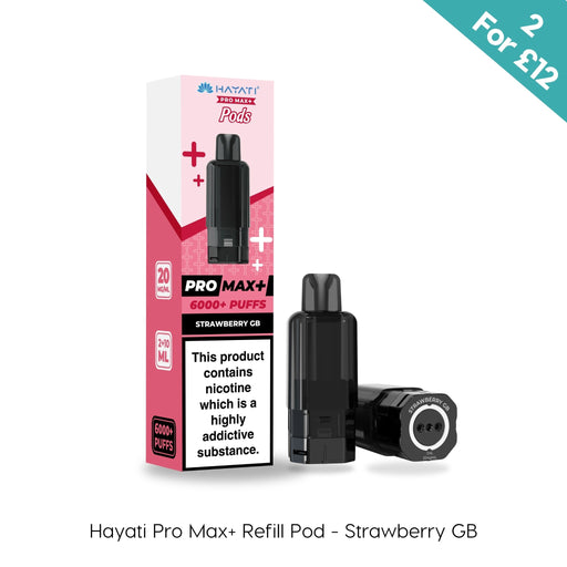 Strawberry GB Hayati Pro Max Plus prefilled pod and refill container on a plain background
