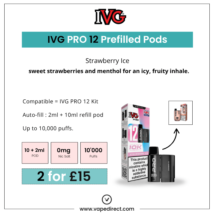 IVG Pro 12 Prefilled Pods advertisement with product packaging and text on a white background
