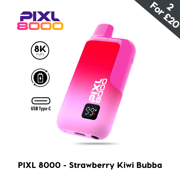 Pixl 8000 Strawberry Kiwi Bubba, with 8,000 puffs and USB Type-C port. 