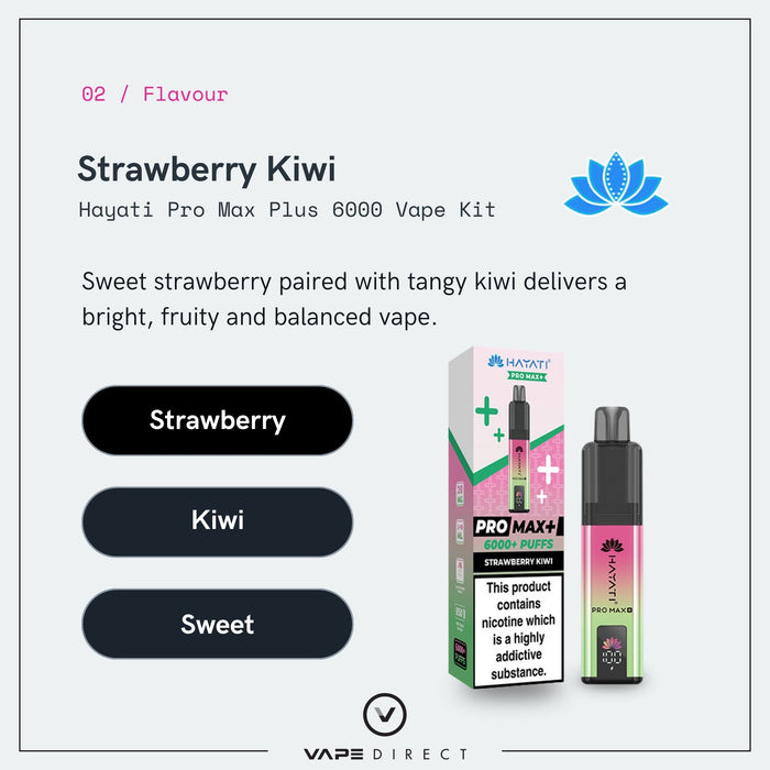 A Hayati Strawberry Kiwi Pro Max Plus Vape Kit box and vape pen, displaying its product description, ingredient tags, and a nicotine health warning on a light background. This Hayati vape kit delivers up to 6000 puffs of bright, refreshing Strawberry Kiwi flavor.