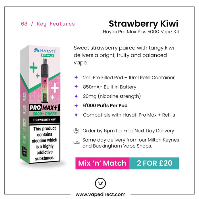 Box and vaping device labeled “Strawberry Kiwi Hayati Pro Max Plus Vape Kit” by Hayati. This vape provides up to 6000 puffs and comes with a 2ml pod, 20mg nicotine strength, and an 850mAh battery. Take advantage of the "2 for £20" offer. Visit www.vapedirect.com for more details.