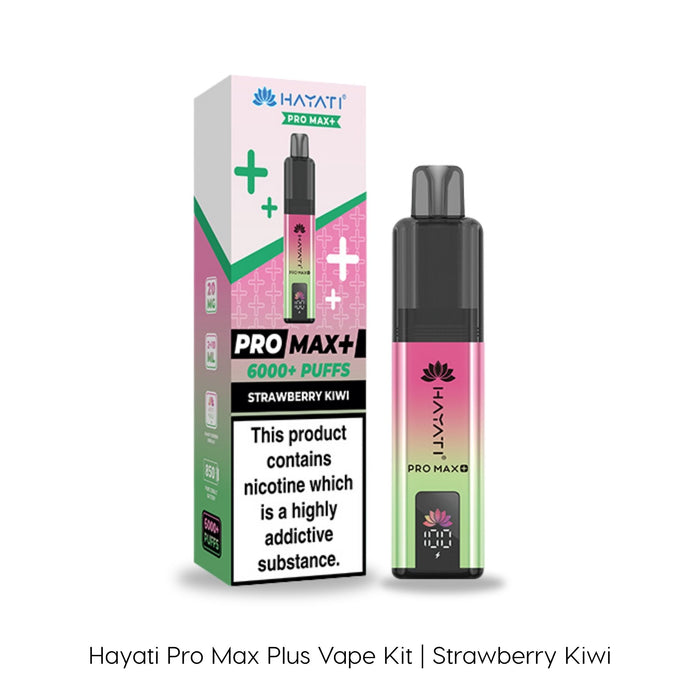 The Strawberry Kiwi Hayati Pro Max Plus Vape Kit by Hayati is displayed alongside its packaging, which features eye-catching pink and green accents. The box prominently highlights "6000+ puffs," making this vape kit an excellent choice for fans of the Strawberry Kiwi flavor. Both the device and the packaging sport a matching vibrant color theme.