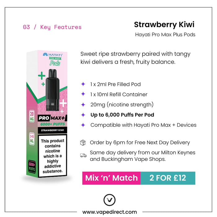 Strawberry Kiwi Hayati Pro Max Plus pod key features, 2ml pod, 10ml refill and up to 6000 puffs