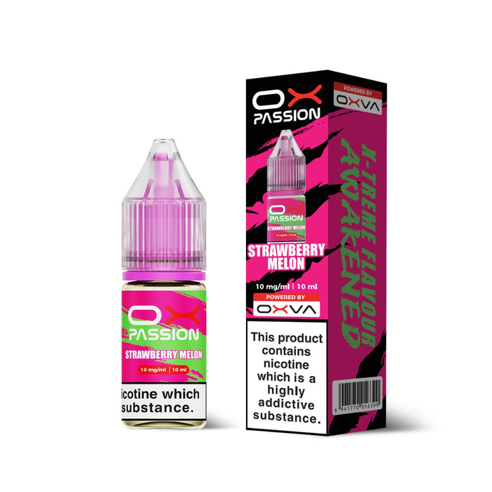 Strawberry Melon Ox Passion Nic Salt E-Liquid by Oxva with retail box and packaging.