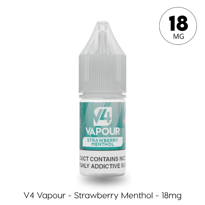 V4 Vapour - Strawberry Menthol 10ml E-Liquid (18mg) features a clear childproof cap and turquoise label. Ideal for menthol vape juice fans. Available at Vape Direct In Milton Keynes