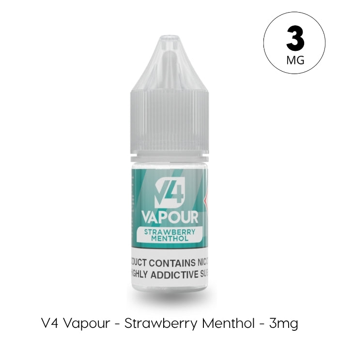 A 10ml bottle of V4 Vapour - Strawberry Menthol E-Liquid, blending strawberry and menthol flavors with 3mg nicotine strength. The aqua label highlights the V4 Vapour brand and product details. Available at Vape Direct In Milton Keynes