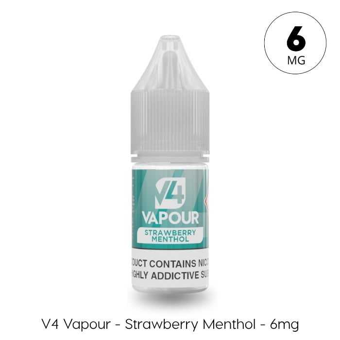 V4 Vapour - Strawberry Menthol 10ml E-Liquid (6mg nicotine) features a clear cap and teal label, providing a refreshing menthol vape experience from V4 Vapour. Available at Vape Direct In Milton Keynes