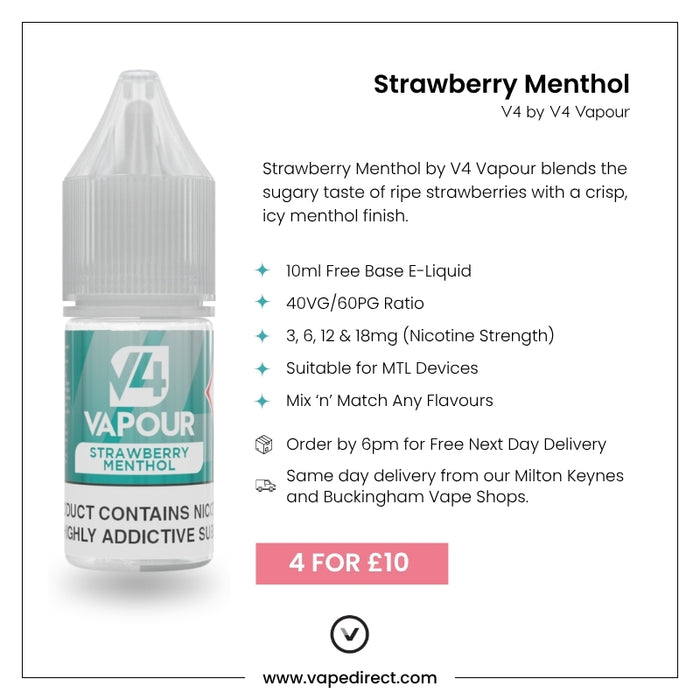 V4 Vapour - Strawberry Menthol 10ml E-Liquid features detailed info, nicotine strengths, mix choices, quick delivery, and a pink 4 FOR £10 label—your top menthol vape juice from V4 Vapour. Available at Vape Direct In Milton Keynes