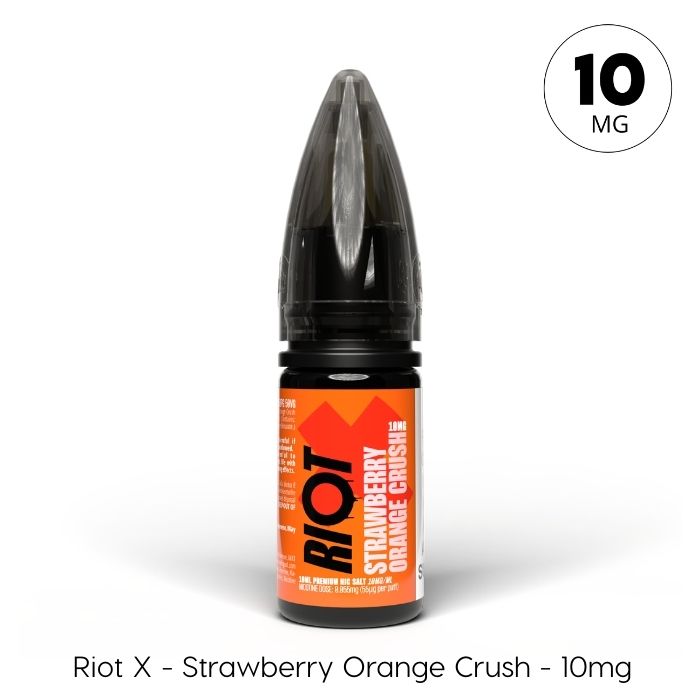 Strawberry Orange Crush Riot X nic salt e-liquid bottle in 10mg nicotine strength