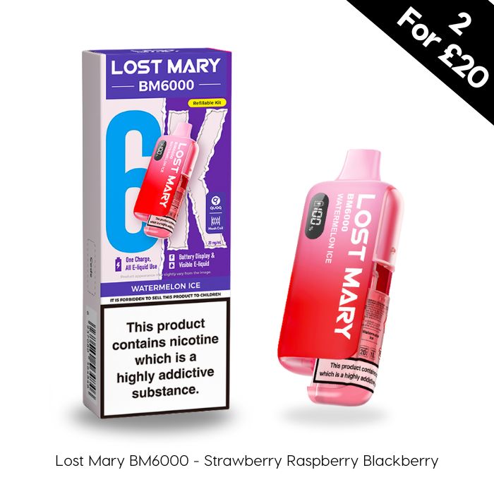 Lost Mary BM6000 POd kit in strawberry raspberry blackberry flavour. 1000mah battery with 6000 puffs and replaceable pods.