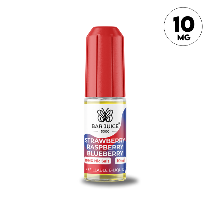 strawberry raspberry blueberry 10mg nic salt e-liquid by bar juice 5000 in 10ml bottle with a 10mg nictotine label.