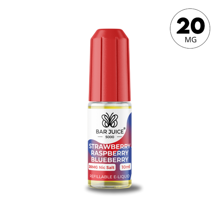 Bar Juice strawberry raspberry blueberry 20mg nic salt e-liquid in a 10ml bottle with a 20mg nictotine label.