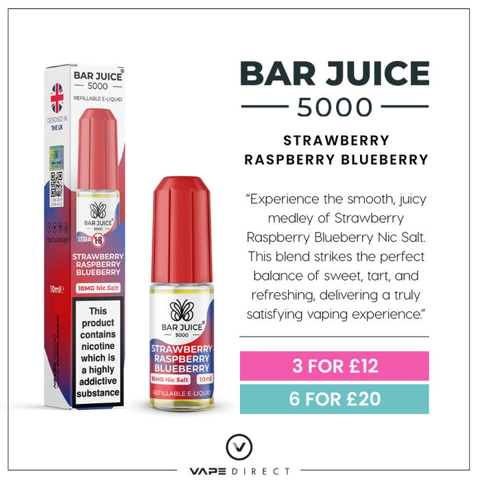 Bar Juice 5000 strawberry raspberry blueberry nic salt e-liquid in a 10ml bottle. Includes product description and pricing details.