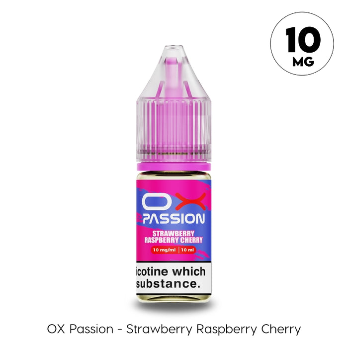 10ml bottle of Ox Passion Strawberry Raspberry Cherry Nic Salt E-liquid by Oxva in a 10mg nicotine strength.