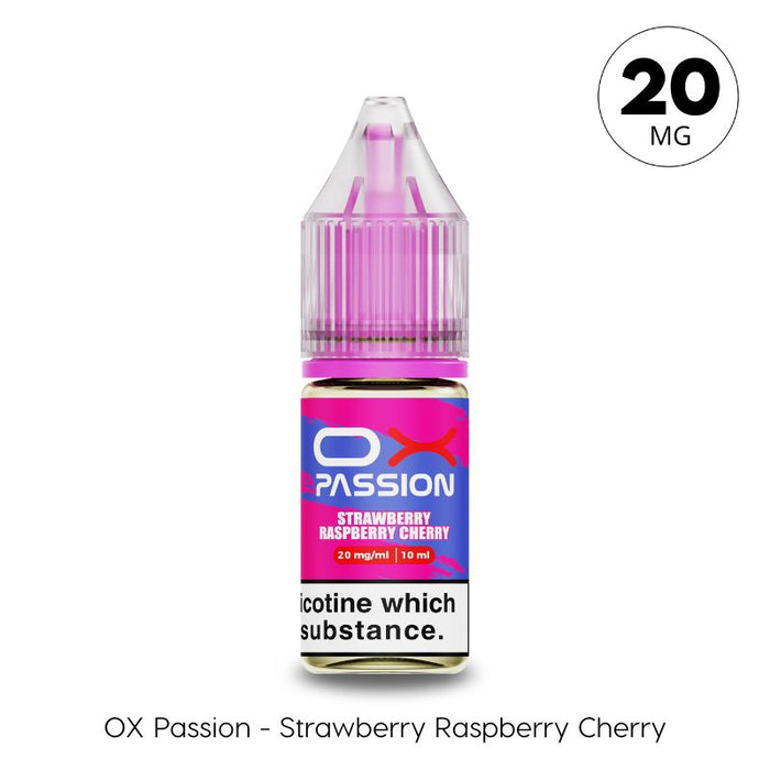 10ml bottle of Ox Passion Strawberry Raspberry Cherry Nic Salt E-liquid by Oxva in a 20mg nicotine strength.