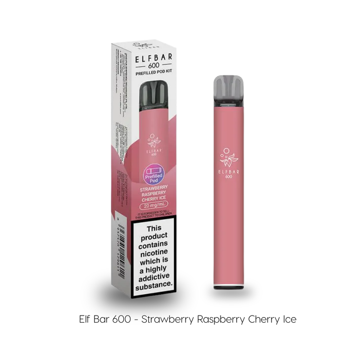 Elf Bar 600 prefilled pod kit in Strawberry Raspberry Cherry Ice flavor, showing the pink disposable vape device next to its white and pink retail box on a white background.