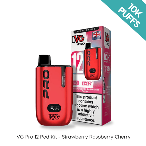 Strawberry Raspberry Cherry IVG PRO 12 prefilled pod kit and packaging on a plain background