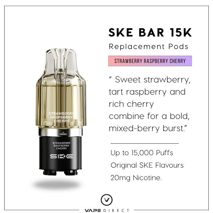 SKE Bar 15K Strawberry Raspberry Cherry replacement pod with flavour notes and 15,000 puff, 20mg nicotine specs