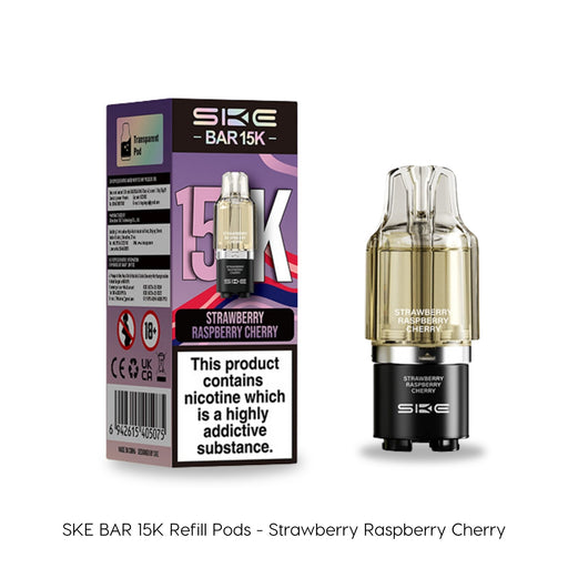 SKE Bar 15K Strawberry Raspberry Cherry retail box beside the transparent refill pod on a white background