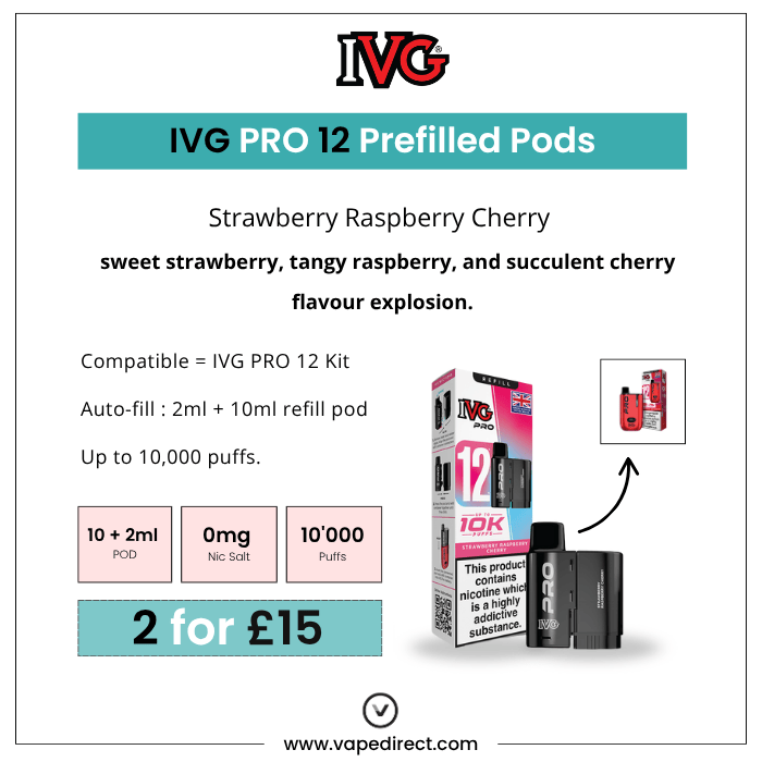 Advertisement for IVG Pro 12 Prefilled Pods with product packaging and text on a white background.