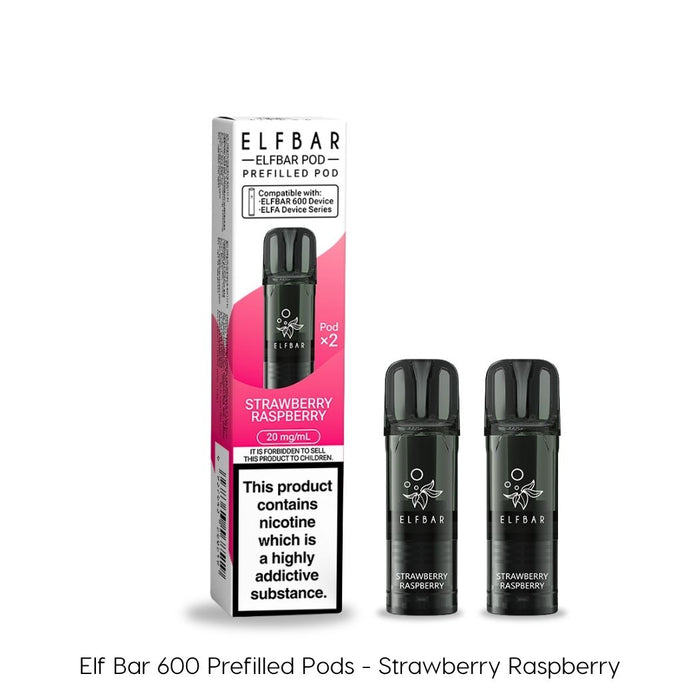 Elf Bar 600 Strawberry Raspberry prefilled pods in pink packaging with two black 20mg pods, ELFA compatible