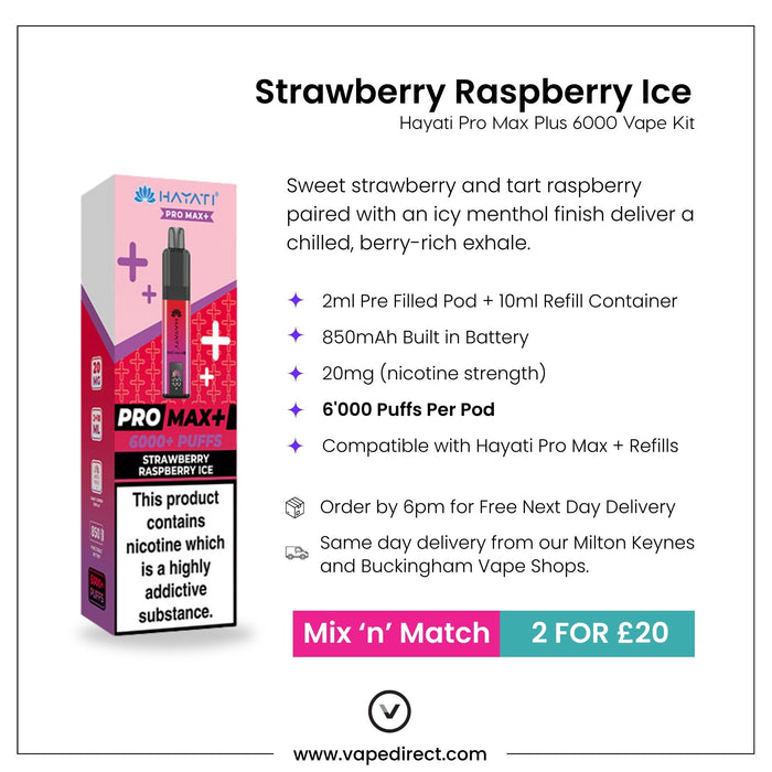 Experience the refreshing blend of strawberry and raspberry ice with the Strawberry Raspberry Ice Hayati Pro Max Plus Vape Kit from Hayati. Enjoy up to 6000 puffs with each device, featuring a satisfying 20mg nicotine strength. Each kit includes a convenient 2ml pod and a generous 10ml refill for long-lasting use. Special offer: get two kits for just £20! Safety: Use only as directed. Not suitable for under-18s or non-smokers. Fast delivery available—order now and enjoy swift, reliable service!.