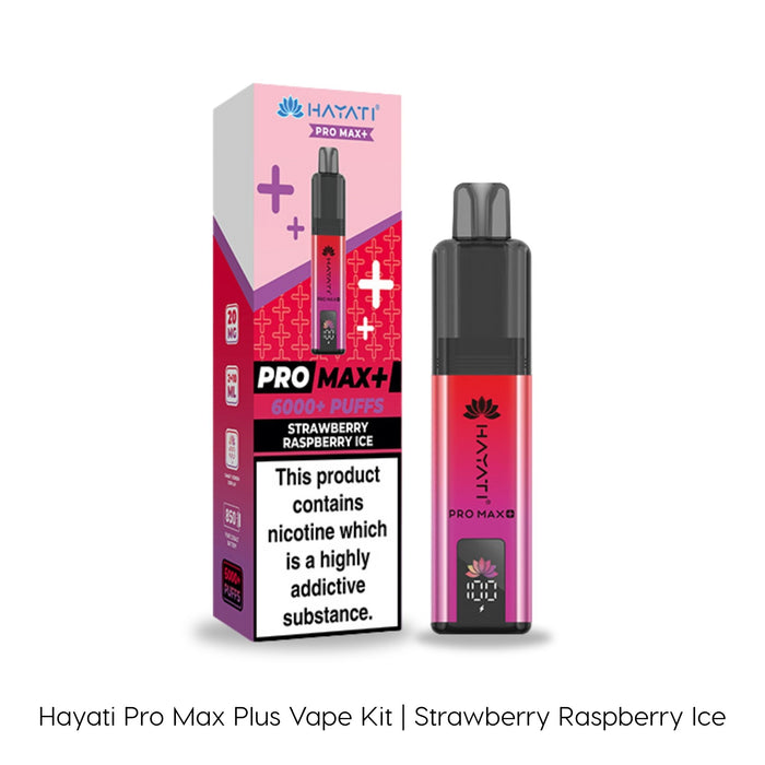 The Strawberry Raspberry Ice Hayati Pro Max Plus Vape Kit is shown alongside its box. The pink box displays the product image, Hayati branding, and highlights the Strawberry Raspberry Ice flavor. The vape device itself features a sleek black design with a pink gradient and delivers up to 6000 puffs.