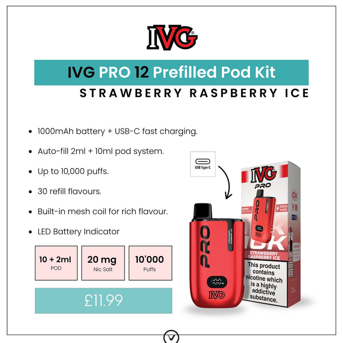 Promotional image for the I VG IVG PRO Strawberry Raspberry Ice Vape Kit, featuring a red device and box, 1000mAh battery, mesh coil, up to 10,000 puffs, available in 30 flavors for £11.99. Available at Vape Direct In Milton Keynes