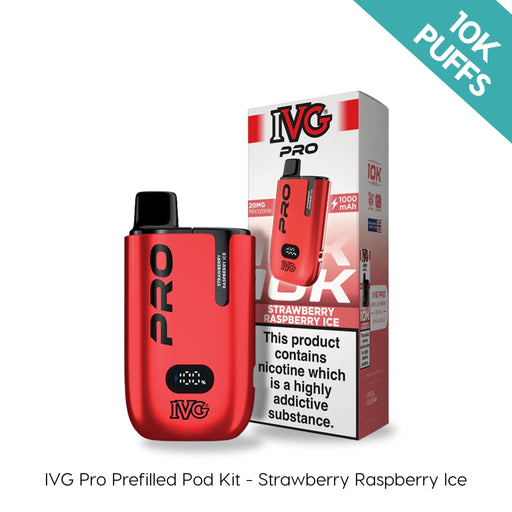 A red I VG IVG PRO Strawberry Raspberry Ice Vape Kit and its box labeled "10K PUFFS" on a teal banner in the top right, offering long-lasting flavor satisfaction. Available at Vape Direct In Milton Keynes