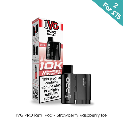 Image of Strawberry Raspberry Ice - IVG PRO Pod by I VG (20mg nic salt) next to its box, featuring product info and a “2 for £15” label in the top right corner. Available at Vape Direct In Milton Keynes