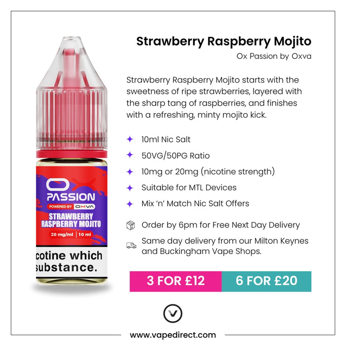 Oxva Strawberry Raspberry Mojito Ox passion e-liquid with flavour description. 10ml Nic Salt, suitable for MTL devices, multi-buy offers, and details for next day delivery in milton keynes and buckingham shown.