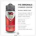 IVG Strawberry Sensation 100ml e-liquid bottle with red design and details about flavors and shipping information. 