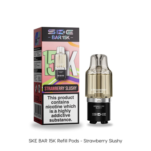 A box and a SKE Crystal Strawberry Slushy - SKE Bar 15K Refill Pod for MTL vaping, both featuring product branding. The clear pod is labeled "Strawberry Slushy. Available at Vape Direct In Milton Keynes