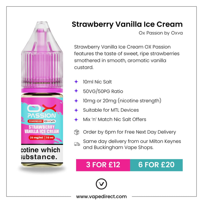Strawberry Vanilla Ox passion e-liquid with flavour description. 10ml Nic Salt, suitable for MTL devices, multi-buy offers, and details for next day delivery in milton keynes and buckingham shown.