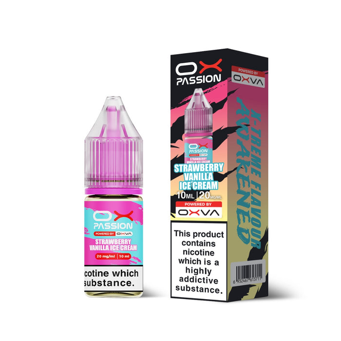 Strawberry Vanilla Ox Passion Nic Salt E-Liquid by Oxva with retail box and packaging.