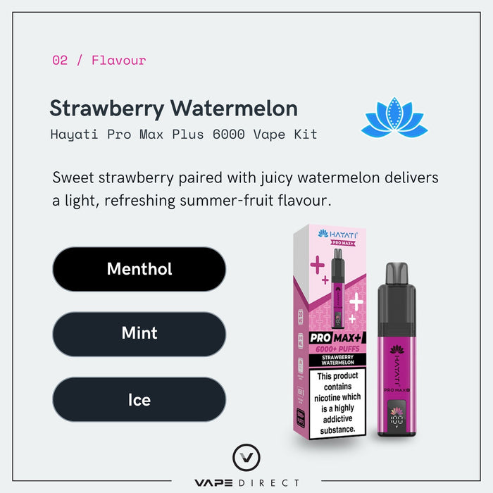 A Strawberry Watermelon Hayati Pro Max Plus Vape Kit by Hayati is displayed alongside its product box, which features product details and options for menthol, mint, and ice.